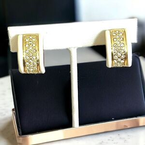 Vintage Designer Earrings Half Hoop Enamel Clear Crystal Clip New Old Stock 1N